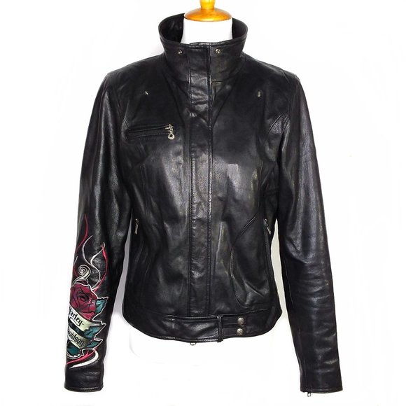 Harley-Davidson Jackets & Blazers - Harley Davidson Black Leather Moto Jacket Embroidered Logo Rose Size Medium